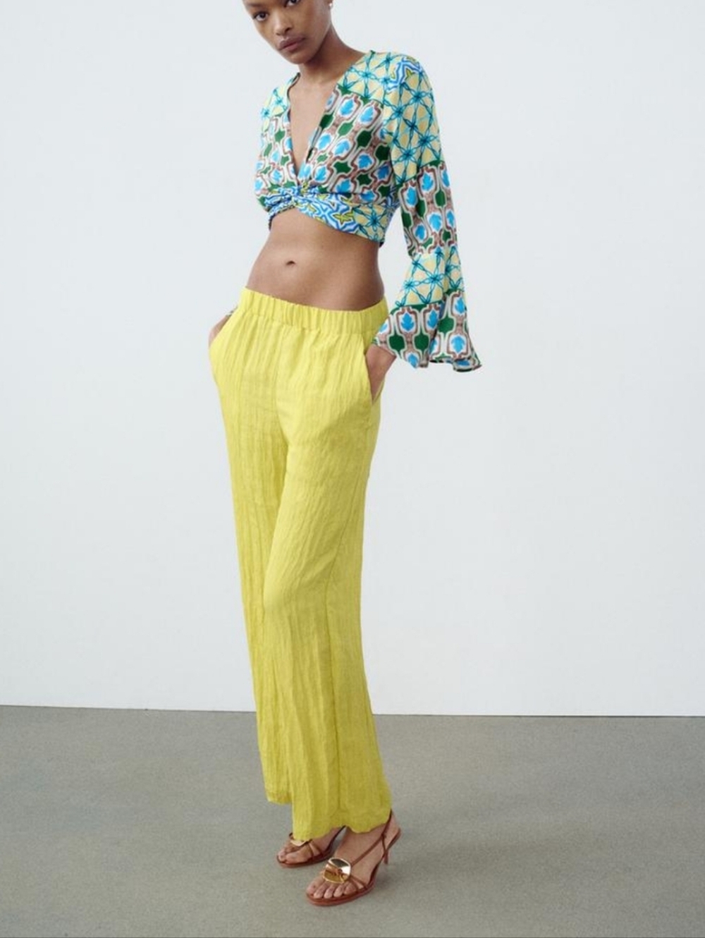 NWT Zara Pants Chartreuse Crepe Crinkle Texture Lightweight Wide Leg Pull On XS